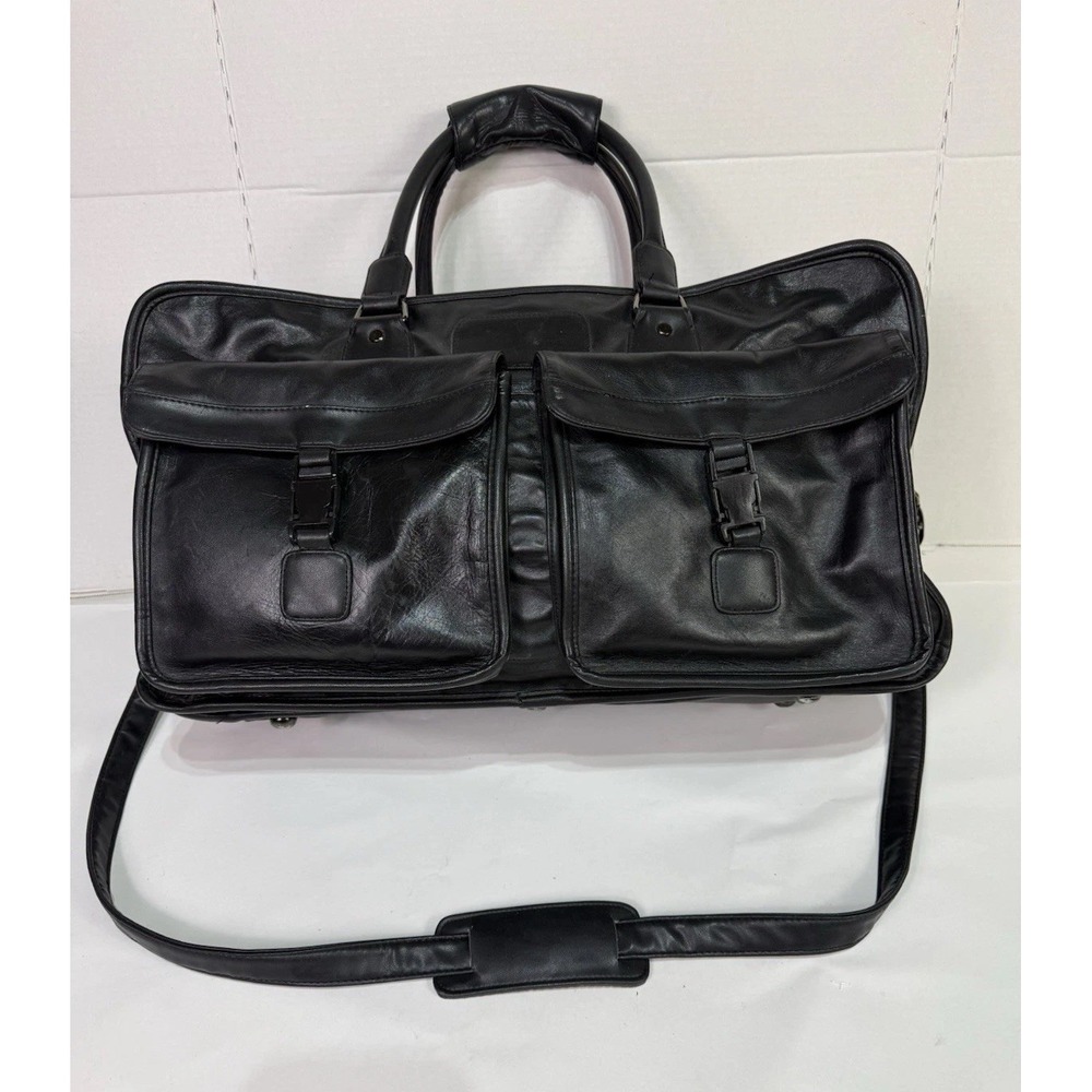 Vtg Kingsport Black Leather Duffel Bag Travel Gym Weekender Multiple Pockets Zip